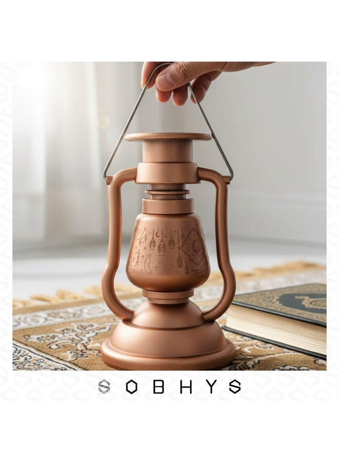 SOBHYS Heritage Glowing Ramadan Fanoos, 24.5cm LED Lantern with Flickering Candle Effect, Islamic Art Hanging Decor, Metallic Finish, Battery Powered - Image 5